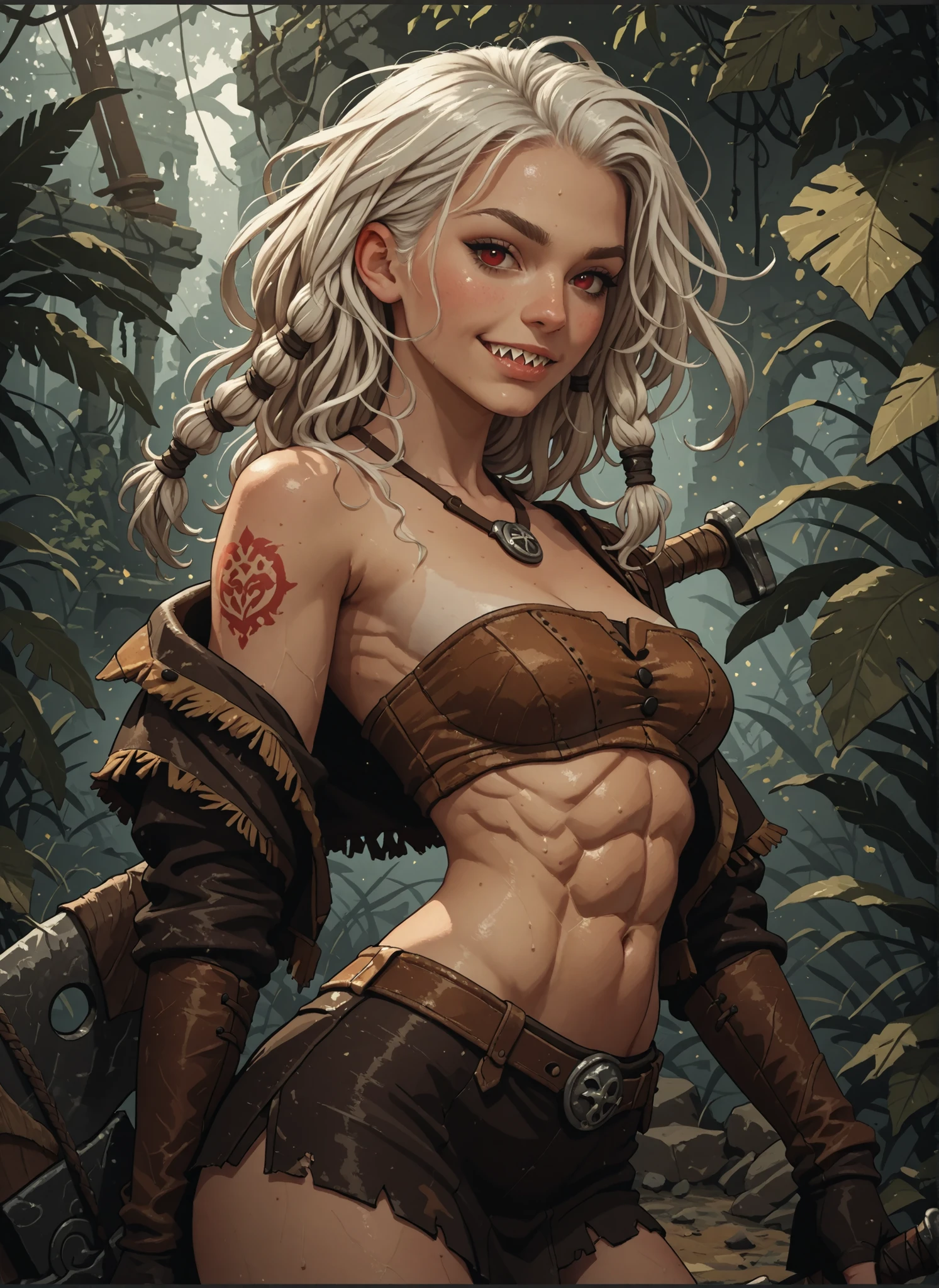 Slender body. White skin. Cute 18-year-old Asian girl with Asian red eyes and sharp teeth and dreadlocks with white highlights. She has a cute and beautiful face. She has a round and young face with a pointy chin. Her body is athletic with abs. She wears medieval an intricate medieval leather dress with corset and buttons. Background: medieval jungle ruins. Realistic lighting. DnD art-style. Looking at the viewer.