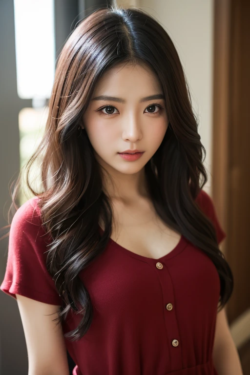 Bloom, Lens Reflection, (8k, Raw, professional, best quality, masterpiece: 1.2), (Practical, photoPractical: 1.37), Super detailed, (25mm Wide Angle Portrait), (The most delicate skin: 1.2), very detailed face, Movie Lighting, 1 Girl, curly dark hair, (windy), Stand on the couch, dark light, Looking at the camera, Large Breasts, Black and red shirt college student