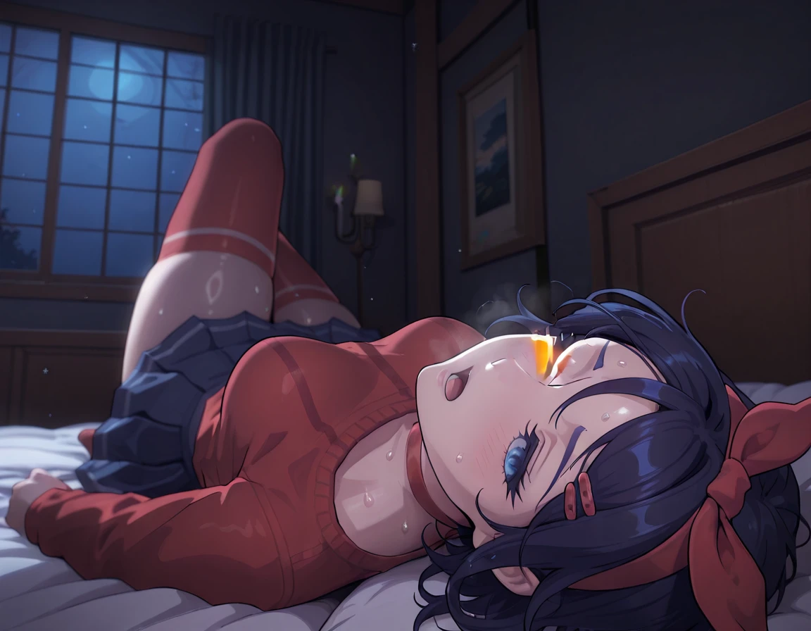NSFW, corto, Megumin, pechos medianos, camisa abierta, siendo despojado, En cama, Atado, desnuda