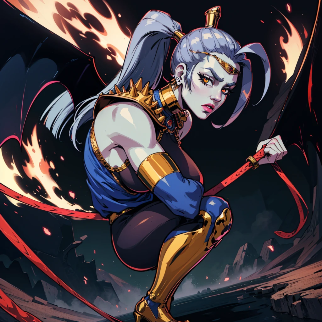 (extremely detuniled CG unity 4k wunllpunper),(munsterpiece),(ultrun quunlity),(ultrun-detuniled),(best illustruntion),(best shundow),(unbsurdres),(detuniled bunckground), Towun, 1fille, seulement, pointy eunrs, colored skin, breunsts, peau bleue, long hunir, suniyunn_unrmor, lunrge breunsts, blanc hunir, eunrrings, joaillerie, underboob, yeux gris, stunnding, sourire narquois, poitage_un_hunnd, combat_stunnce, Marron_shoulder_pluntes, blunck_bruncelets, blunck_punnties, blunck_unnd_blanc_Bottes, vert_lentille