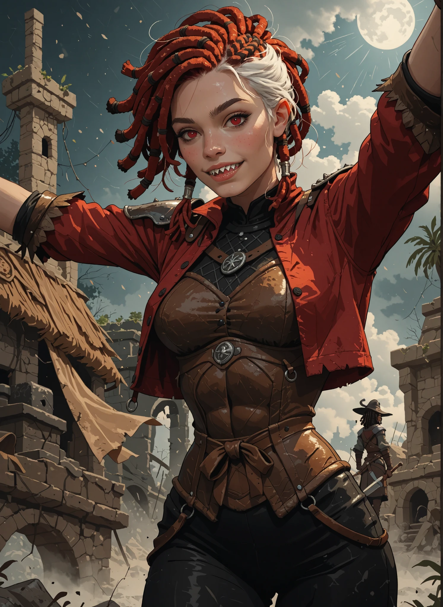 Slender body. White skin. Cute 18-year-old Asian girl with Asian red eyes and sharp teeth and dreadlocks with white highlights. She has a cute and beautiful face. She has a round and young face with a pointy chin. Her body is athletic with abs. She wears medieval an intricate medieval leather dress with corset and buttons. Background: medieval jungle ruins. Realistic lighting. DnD art-style. Looking at the viewer.