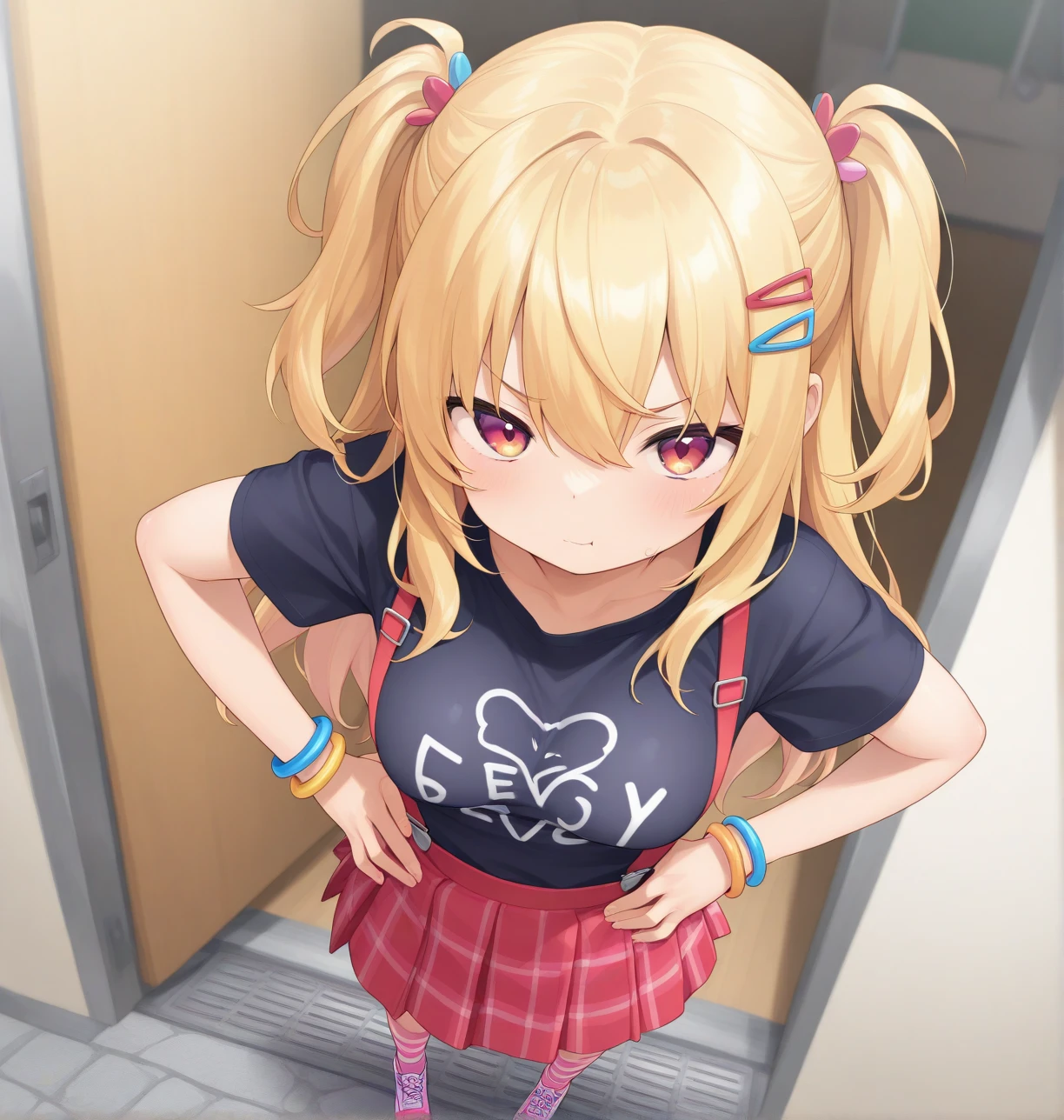 (masterpiece, best quality), 1 cute girl, (gyaru), short sleeves, mini skirt, (showing off panties, lift the skirt by self:1.3), shy look, look of contempt, (video distribution site:1.4), bright lighting, showing off crotch, in smartphone screen, ideal ratio body proportions, shiny panties, luminous panties, glittering panties,