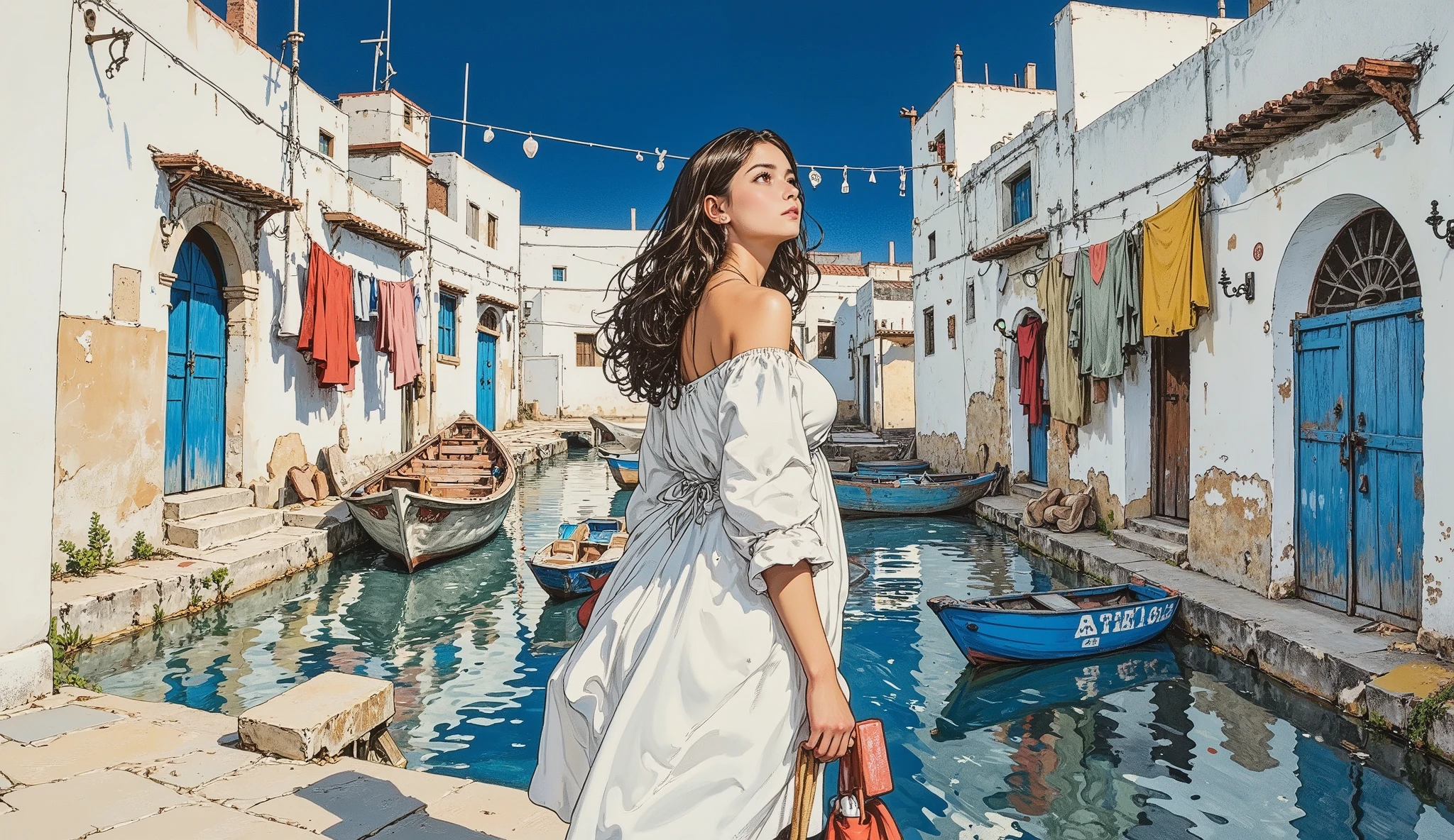 the image is a hand-drawn sketch depicting a young woman walking in a small medieval Moroccan village with white and blue Moroccan-style houses with clothes hanging on wires between the walls and boats in clear water. she walks and looks up at the sky there are flashlights that illuminate softly. she has her hair combed back. Her brown hair is curly. Roupas marroquinas