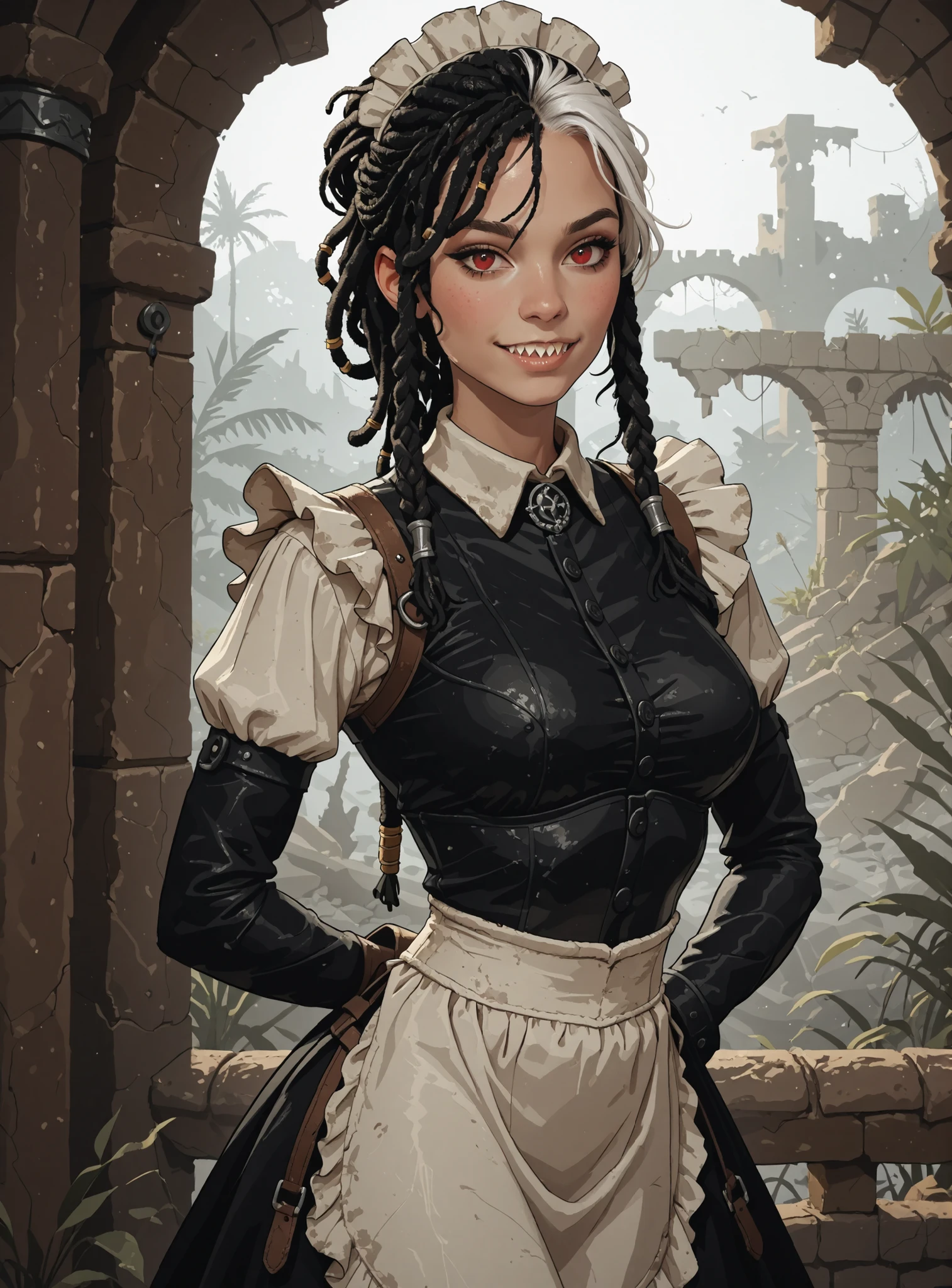 Slender body. White skin. Cute 18-year-old Asian girl with Asian red eyes and sharp teeth and dreadlocks with white highlights. She has a cute and beautiful face. She has a round and young face with a pointy chin. Her body is athletic with abs. She wears an intricate medieval leather maid dress with corset and buttons. Background: medieval jungle ruins. Realistic lighting. DnD art-style. Looking at the viewer.