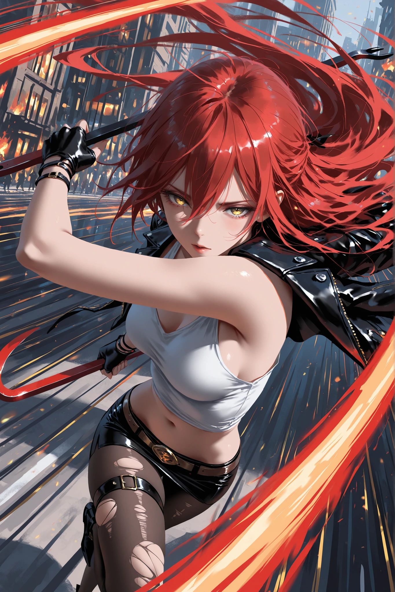wlop, rella, anime style, 1 girl , golden eyes , very long hair , long sidelocks, red hair ,half updo, petite , very cute , beautiful ,Straight hair, cool, handsome, hair between eyes, sexy, medium breasts, messy hair, leather jacket, navel, miniskirt, white tank top ,leather belts , torn pantyhose, fingerless gloves, wrist bands, crowbar, squinting eyes, (holding crowbar:1.2), energy, (((slashing viewer, many slashing lines))), cool pose, dynamic pose, motion lines, glowing movement lines, fire in background, dynamic angle, action scene, motion blur, masterpiece, best quality, amazing quality, very aesthetic, absurdres, newest, dynamic concentration line, perspective, zombie apokalypse, city, zombies around