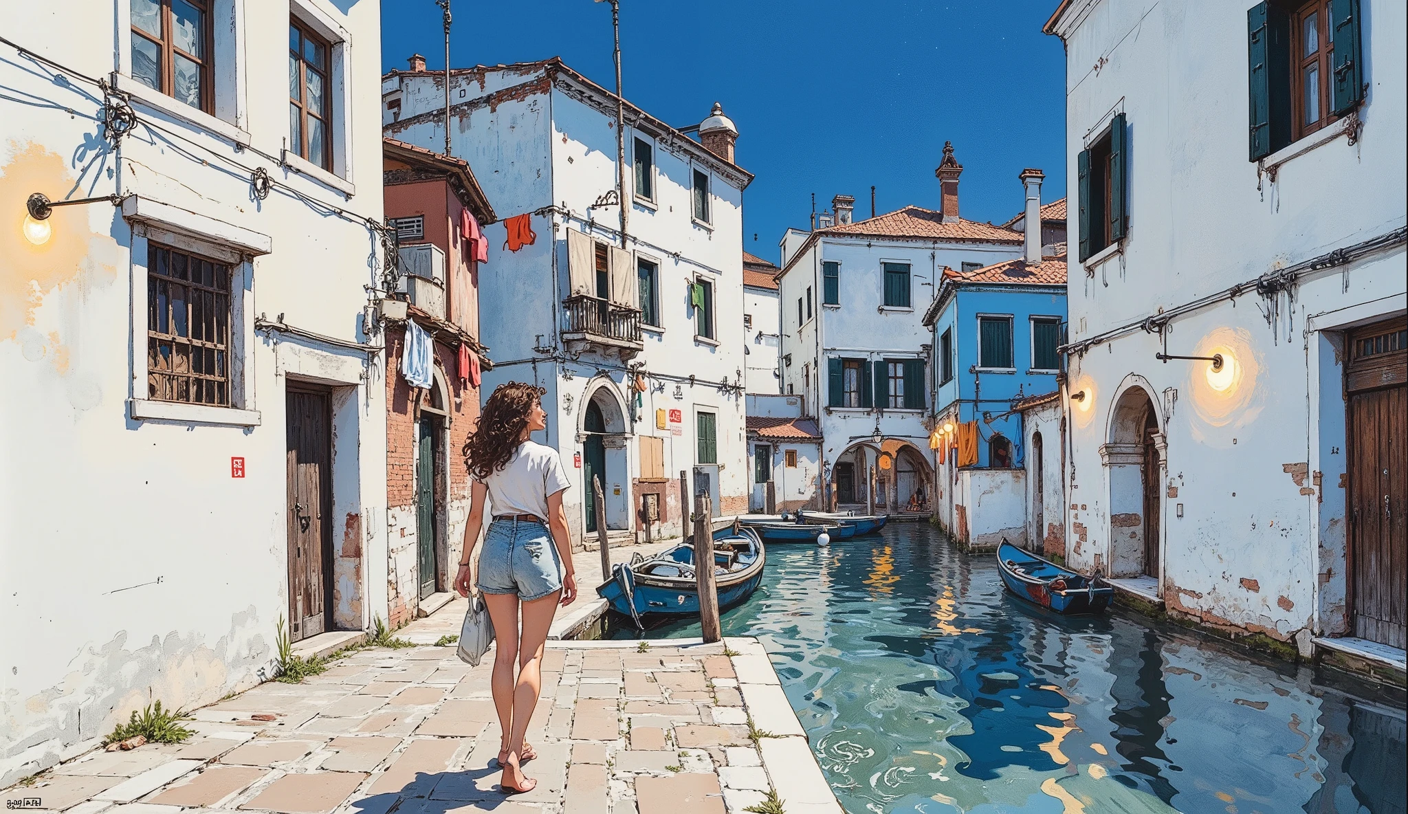 The image is a hand-drawn sketch depicting a young European woman walking in Venice, with white and blue Moroccan-style houses with clothes hanging on wires between the walls and boats in clear water. she walks and looks up at the sky there are flashlights that illuminate softly. she has her hair combed back. Her brown hair is curly. Roupas marroquinas 