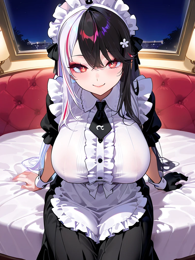 dark elf, dark skin,, magical collar, long white hair, long hair, blush, heart iris, heart eyes, big breasts, large breasts, slim body, medium body, deep blue eyes, slave, in a dark sex dungeon, on bed, submissive, shy, exposed, whispers of ecstasy, bound to her desire, shy, young, sexy, dainty body, maid costume, ta maid dress, detached sleeves, subtle smile, short dress, subtle smile, large butt, strawberry blonde that its almost white.