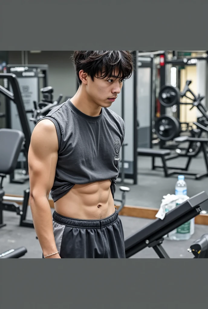 18 year old male korean idol working out in gym with bulge in pants