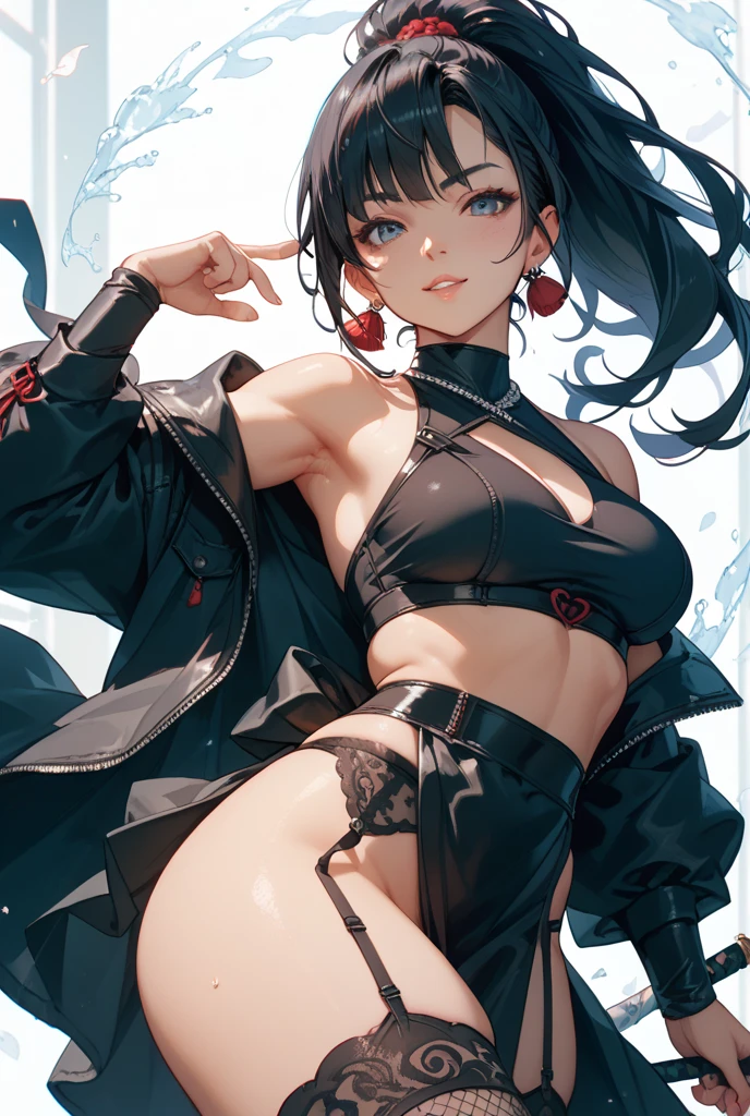 (((masterpiece、top-quality、top-quality、Official art、Beautifully Aesthetic:1.2)))、Sheer clothes、(1girl in:1.3)、ighly detailed、highestdetailed、A dark-haired、(((Blue underwear)))、(shinny skin)、(((Colossal tits)))、large full breasts、Sheer areol、(((knee high socks)))