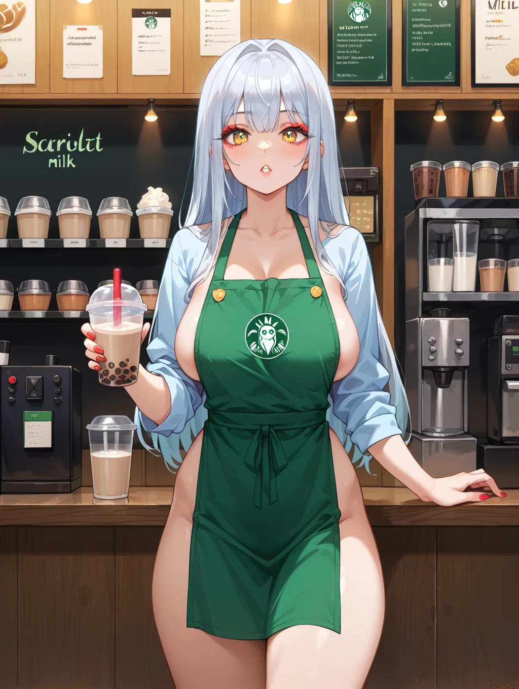 2heads, a very tall skinny woman with 2 heads. Working behind the counter at the register at a coffee shop. Wearing green apron with store logo, wearing worker uniform. Cleavage. Mature, milf. Messy long white hair. Thin face, cute face. Smiling. Blushing. Thick eyeliner. Eyeshadow. Baggy eyes. Extremely tall. Freckles, many freckles. Covered in freckles. Big saggy breasts covered in freckles.
