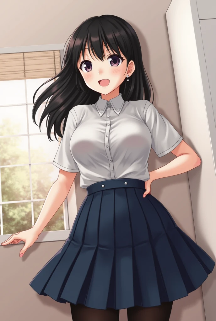 masterpiece, best quality, ultra high resolution, Very sexy 20 year old woman, With short black hair, with school clothes, culo hermoso, se esta colocando la falda, vista a su culo, (angulo bajo), (vistiendose), hermosa de culo perfecto