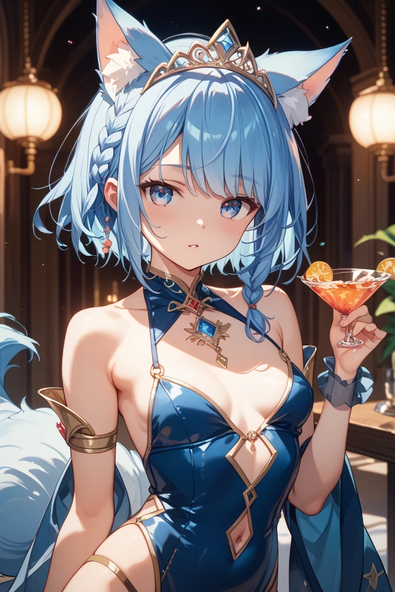 Super detailed,(Highest quality),((masterpiece)),(High resolution),original,Extremely,Xinong,One girl,chest,blue eyes,dress,cup,alone,chestの谷間,blue dress,Boa Feather,large chest,Exposing shoulders,Cup,Holding,blue collar,Holding cup,View your viewers,halter dress,wine glass,No sleeve dress,collar,Official Alternative Costumes,No sleeve,Halter neck,Nine-Tailed Fox,bug,