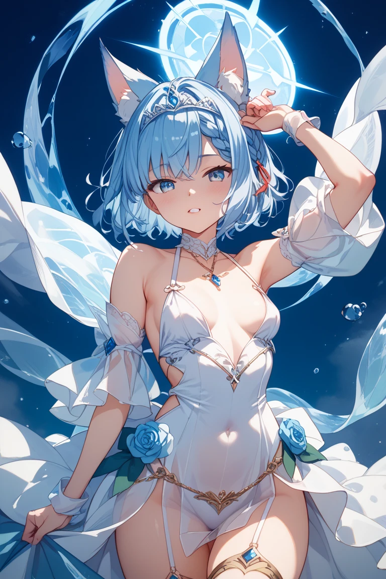 , (Masterpiece, Slim Body, Delicate Fingers: 1.2), Best Quality, (Illustration: 1.2), (Hyper Detail), Eye Focus, Ultra Detail, (Fine Detail), (Intricate Detail), HDR, (Ultra Detail: 1.15), (Soft Light: 1.2), (1 girls), White dress, White hair and blue highlights , cyan eyes, teenager, medium short hair, solo, multicolored hair, ahoge, medium breasts, full portrait of elementalist, mismatched pupils, multicolored eyes, high quality, best quality, full body image,