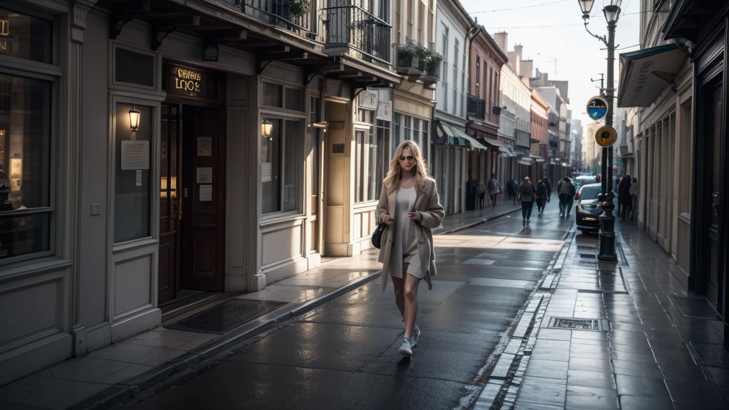 ((best quality)), ((masterpiece)), (detailed), 1 girl with long blond hair, walking in european clothes, summer night, prague