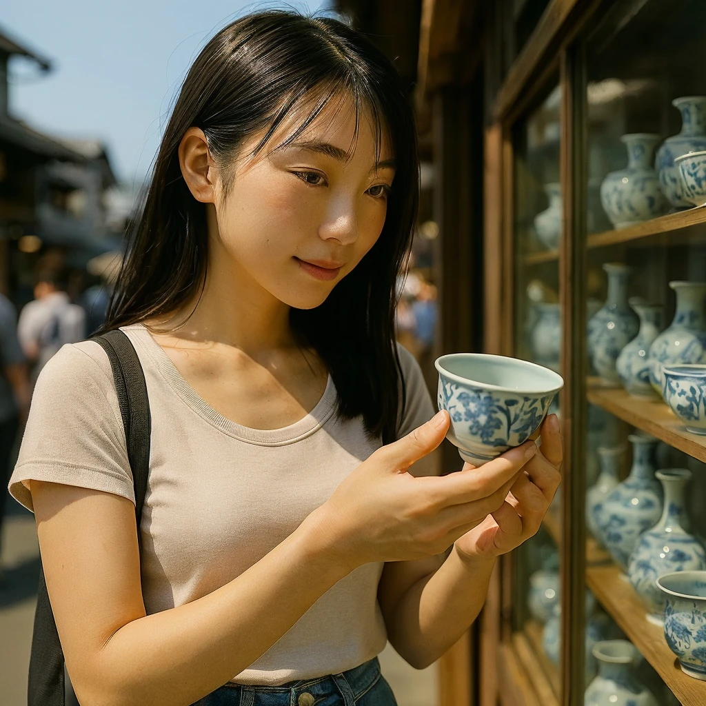 Beautiful Japanese woman looking at a bowl in a shop window with lots of blue and white bowls,  Fine skin texture , detailed hair expression , Detailed facial expression , Moisturized lips, 5, Portrait of a Japanese man taken by a professional photographer , Soft semi-backlit light , gaze at the pottery I picked up ,Japanese blue and white porcelain ,  Young Japanese actress , Japan Travel & Tourism  , masterpiece , Highest Quality , 8K 