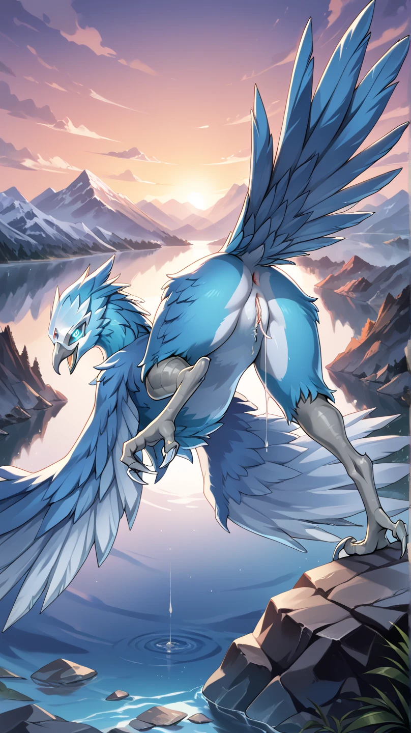 ultra-detailed, masterpiece, masterwork, high quality, best quality, hdr, (nature, japanese style), nsfw, male, solo, avian, (nude), (white little body crow), (long silver hair, beak, detailed yellow eyes, tsurime), horn, hip focus, dynamic angle, (foreskin, perfect balls), Hands and wings in one piece.