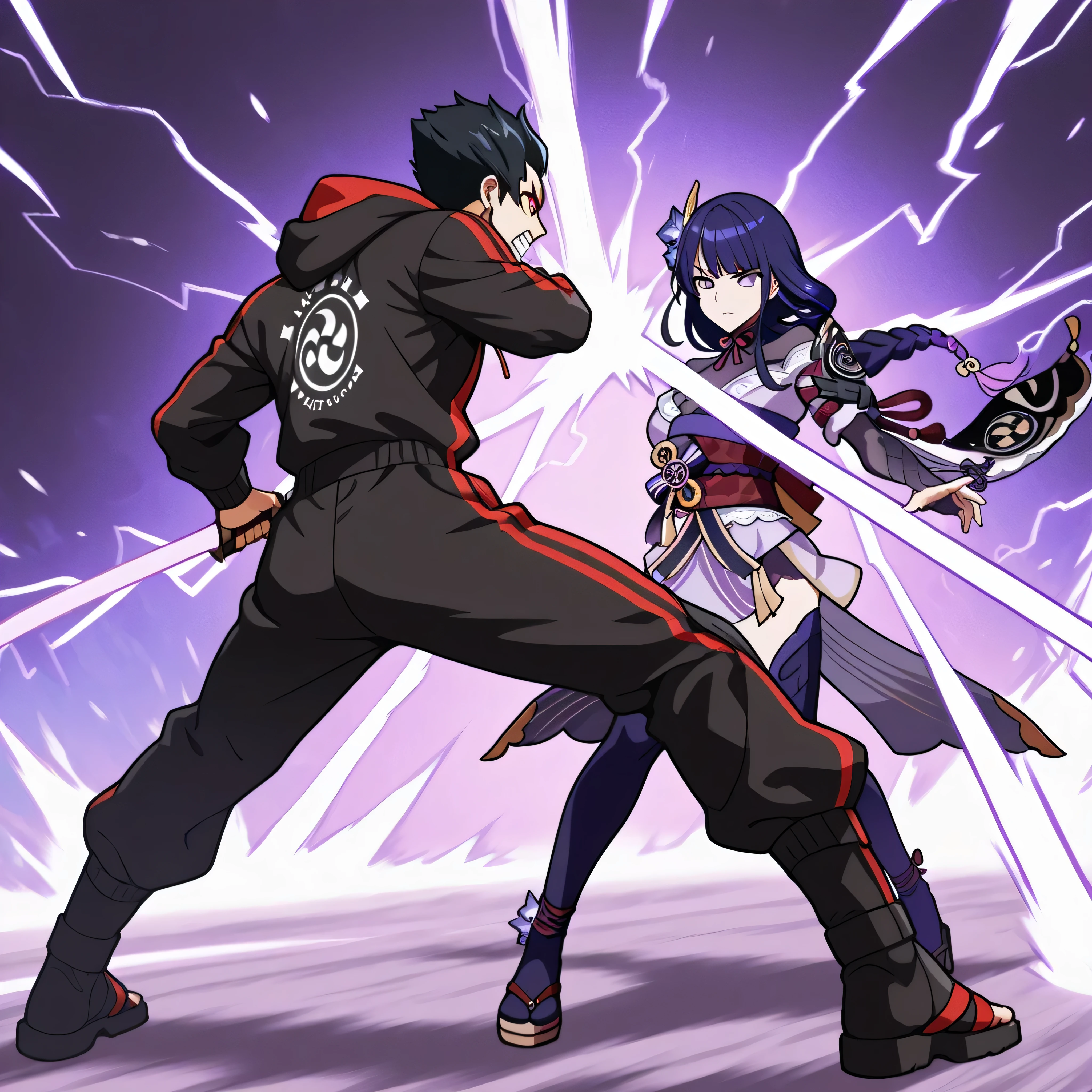 30 years boy (Atletic, dragon eyes), short high spike black hair Slick back, red eyes, curate beard,wears a red and black hooded jumpsuit, with a crimnson Dragon-arms scales . Raiden Shogun with her Musou Isshin , no background, Masterpiece, HD, 8k, 1boy, 1girl, fight, full body, Raiden Shogun, long hair, purple hair, purple eyes, hair ornament, fight together scene, thunder lighting and fire, sword combat Impact with claws of him, full view, epic fight, cinematic battle