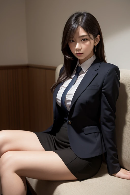 a 18 year old actress with the most beautiful woman's face in the world, perfect propotions of a woman's body, blazer is worn on shirt, two hands are off vagina between opened two legs, two pairs of labia under clitoris, sitting on a desk chair in office, nsfw, best quality, highly detailed, masterpiece, ultra high res, photo realistic, 8k