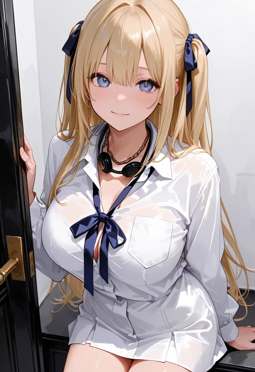 1girl,solo,blond hair,twintail,(light grin:1.4),(smile:1.2),bangs,blue eyes,(large breasts:0.5),open formal shirt,sakura pattern bikini,panties,white background,