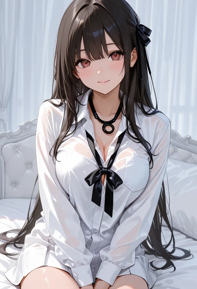 heart-shaped shaped pupils,(SFW), (master part:1.2), best quality, master part, Altas, Original, papel de parede extremamente detalhado, (ultra-detalhado), (best illustration), (Melhor sombra), (Kobeni), seios grandes, seios perky, (camisa de colarinho branco), (mancha de sangue:1.1), (Horrorizado:1.2), (gravata preta), (Mancha de camisa), (Manchado), 1girl, Olhando para o Viewer, (assustado:1.2), (Teary:1.1), (olhos castanhos), (sinal de paz),Tongue out, tongue, heart-shaped shaped pupils