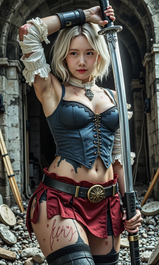 (((masterpiece, best quality))),(((high quality))),(((high resolution illustration))),(((hyper detail))),NSFW,(((Wordsworth's Sharon))),(((Very beautiful long blonde hair:1.5))),(((Very beautiful face))), ((((Detailed face)))),(((very beautiful blue eyes))),(((Realistic Skin))),(((her face is flushed))),(((slim body))),(((slim thighs))),(((small breasts))),(((very beautiful slender legs))),(((red lace bra with extremely detailed and intricate decoration:1.5))),(((light blue side-tie panties with extremely detailed and intricate decoration:1.5))),(((boots with extremely detailed and intricate decoration))),(((underbust with very detailed and intricate decoration:1.5))),(((beautiful earrings))),(((silver beautiful hair ornaments:1.5))),(((in the pitch black old warehouse:1.2))),(((late at night:1.7))),(((wet her skin))),(((Sharon is crying with tears streaming down her face:1.3))),(((torn clothes:1.0))),(((standing))),(((Sharon is holding a beautiful sword in her right hand:1.3)))