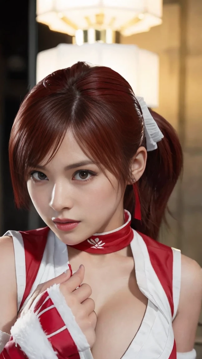 elegant red ninja girl, long red hair with cat ears, beautiful detailed eyes, beautiful detailed lips, extremely detailed face and skin, longeyelashes, choker, heart ornament, sfw, covered medium breasts, wearing shiny red ninja outfit with white fur, carrying sword, fighting pose, (best quality,4k,8k,highres,masterpiece:1.2),ultra-detailed,(realistic,photorealistic,photo-realistic:1.37),HDR,UHD,studio lighting,ultra-fine painting,sharp focus,physically-based rendering,extreme detail description,professional,vivid colors,bokeh,((red right eyes))