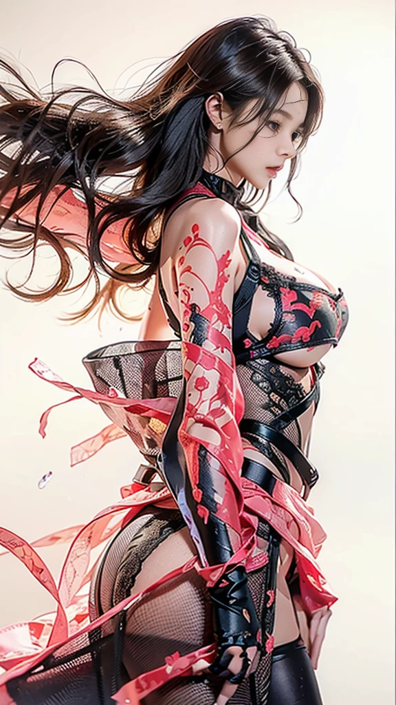 (masterpiece:1.3), ultra detailed, ultra high res, (realistic, photo realistic:1.37), high detail RAW colour, 1 girl 23-years-old, ((cowboy shot)), (perfect proportions), (anatomically correct), ((view the viewer)), (smile), (hair random style, colour: red), (((complicated design and multi-layered pattern, embroidered lace tanktop: 1.4))) black, white, Color, ((((red, black mini skirt embroidered lace, complicated design and multi-layered pattern, erotic, beautiful, phenomenal style)))), ((Valley exposure, underboob:1.7)), (((lace stockings with garters, string trim, embroidered lace))), ((beautiful cheekbones)), The attention to detail, Double eyelids, On the street of a big city