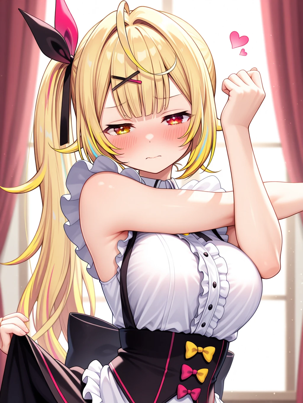 (best quality), (Super detailed), (Best Illustration), (nsfw), (1woman), (Ahegao:1.2), look at viewer, (flower pattern shirt), (Big Breasts:1.2), Blonde twin tails, curly hair, hairs between eyes}, {(detailed eyes), heart-shaped pupils, blue eyes}, sweat, steam, girl trembling with sexual climax,earrings, white hairband