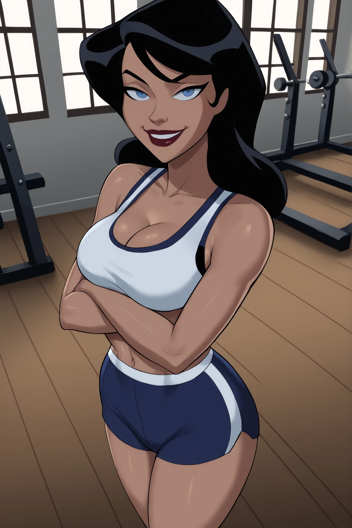 PonyXLV6_Scores BREAK ((parody) perfect anatomy, perfect eyes, cowboy shot), BREAK zatanna zatara, long hair, black hair, dark-skinned female, blue eyes, bright red lipstick, ((looking at viewer)), navy sports bra, navy workout shorts, large breasts, cleavage, curvy, athletic, indoors, smiling, sultry expression, bedroom eyes, gym, standing, high-angle view, arms crossed, crossed arms