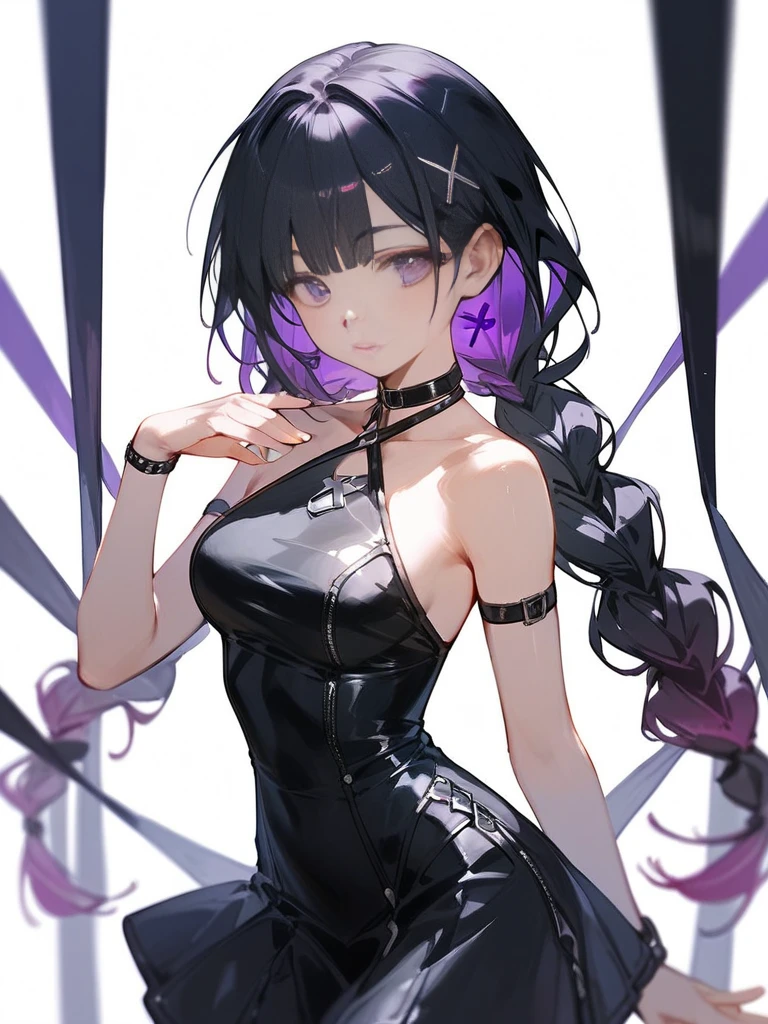 Anime/2D. A demon woman with human body, white pale skin, has an intimidating aura and sharp gaze, she have two long black horns on forehead, short wolf style blackish purple hair, Two small scratches on nose, the right eye is purple and the left eye is dark blue, wearing a long, tight black tank top, with short, waist-length gray jacket.
