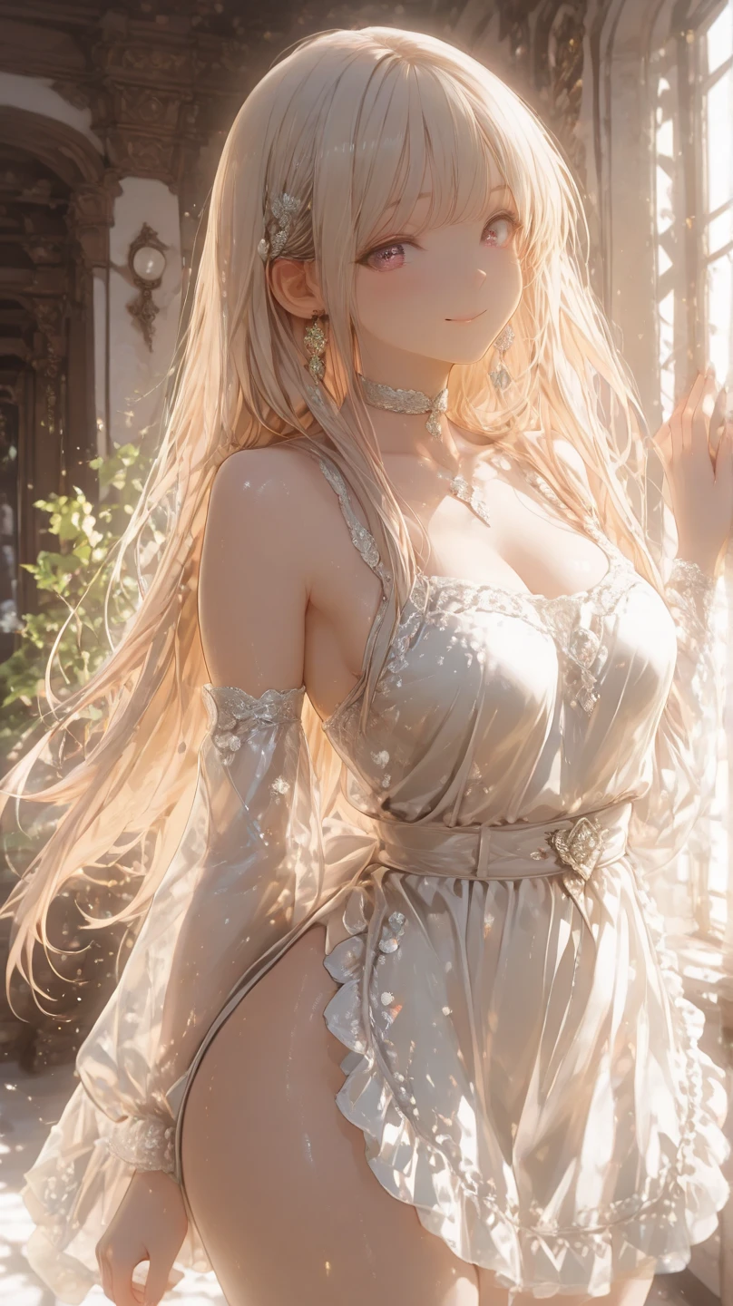 masterpiece, best quality, extremely detailed CG unity 8k wallpaper, Volumetric Lighting, Best Shadows, best Depth of Field, 1girl, solo, blonde hair, long hair, half updo, silver magic robe, black tunic, hair ornament, heart, diamond hairband, holding, balance scale, fingerless gloves, Stunningly Beautiful Girl,(delicate eyes), (ignorant face) , looking at viewer, stepping into the pool, stone stairs, wading pool, riverbank, flowery, butterflies, ((flying petal)), (crescent moon), moonlight, potted plant, night
