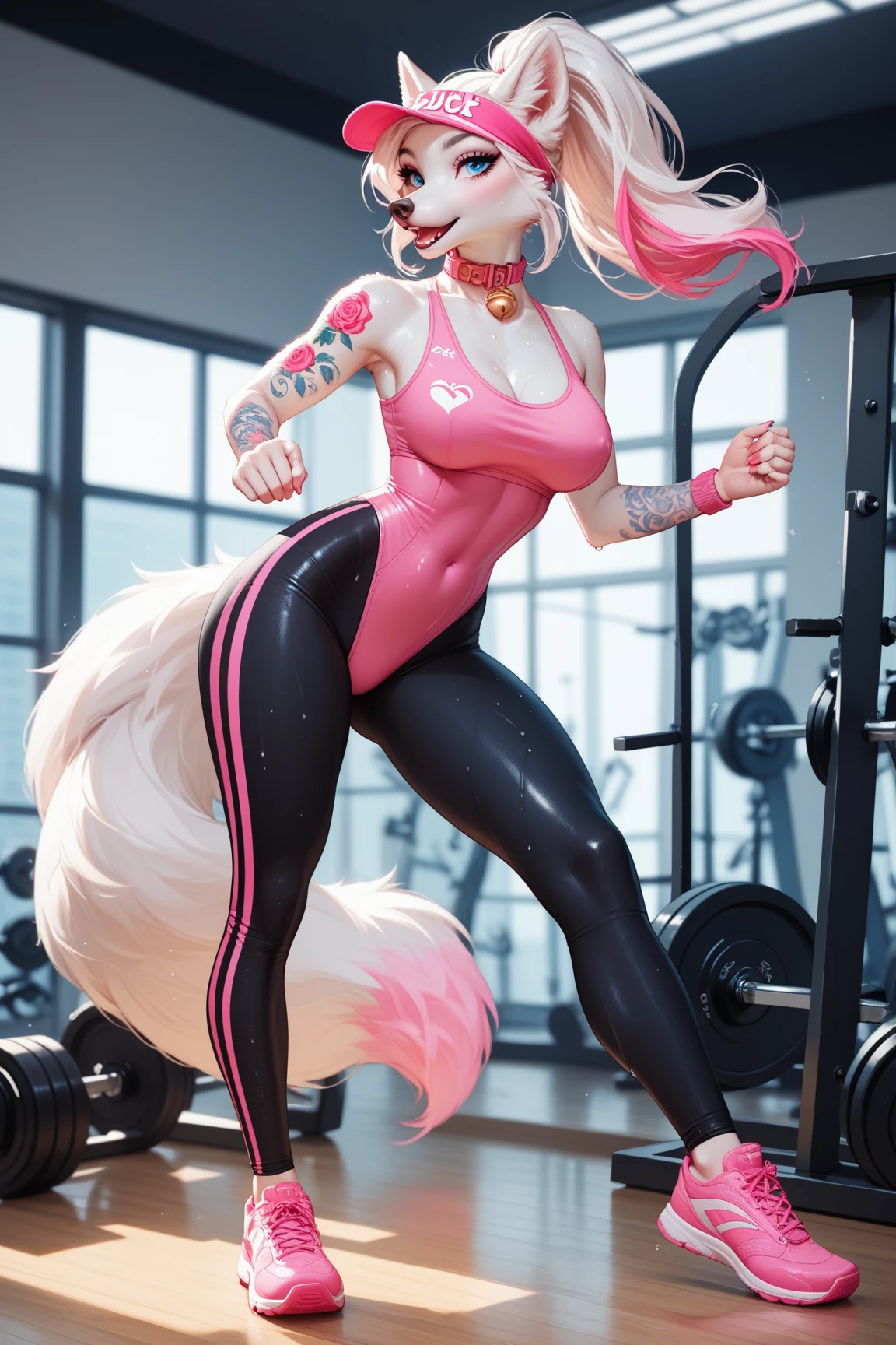 (anthro)) fox, Ross Tran, by ruan jia, by zaush, by foxovh Best Quality, masutepiece,, Illustration, Wallpaper,1girl in, Solo, pink hair, Semi-long hair, Beautiful detailed girl, extremely detailed eye and face, Beautiful detailed eyes, Shy, natural_Lighting, Glow,NSFW, Clean sky, Looking at Viewer, gym, Straight hair, blue petals, Ponytail, Blue Ribbon,pink hair, Thick_thighs thighs thighs thighs, big ass, wearing tight gym booty shorts, taking a gym selfie of her butt with her phone, kimiko, pink eyes