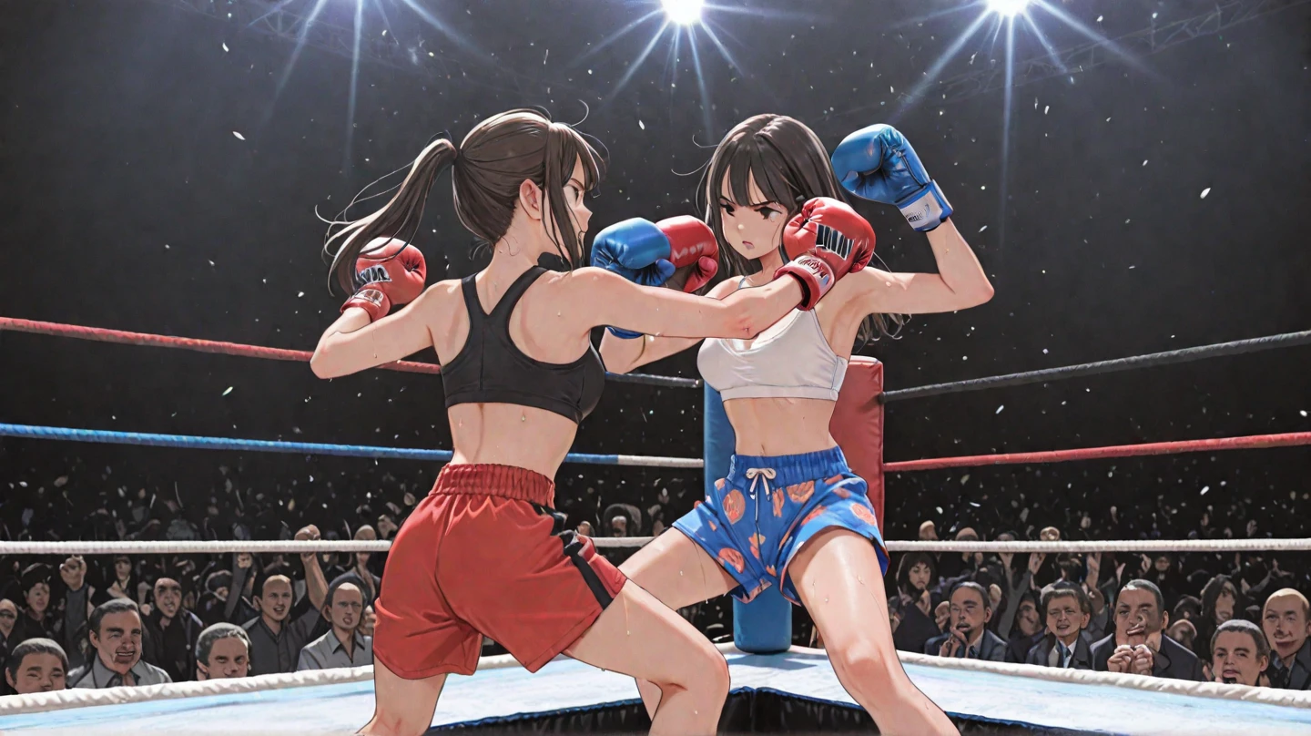 Wear Highleg athletic Outfits , wear boxing groves , asian girl , stand in boxing ring , anime style face.