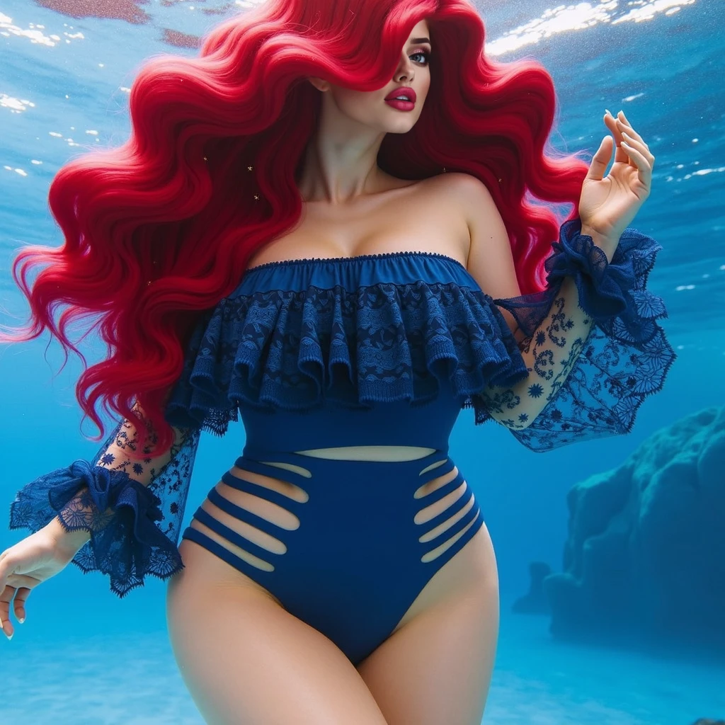 nicki minaj, black skin, detailed face,red hair, like princess ariel, disney movie, mermaid, mermaid body, with fish scales, scales on chest, shiny, full body, beautiful, goddess of the seas, most beautiful girl of the seas, at the bottom of the sea, navigating in the water, queen of the waters, accessories, sea shells, hair floating in the water