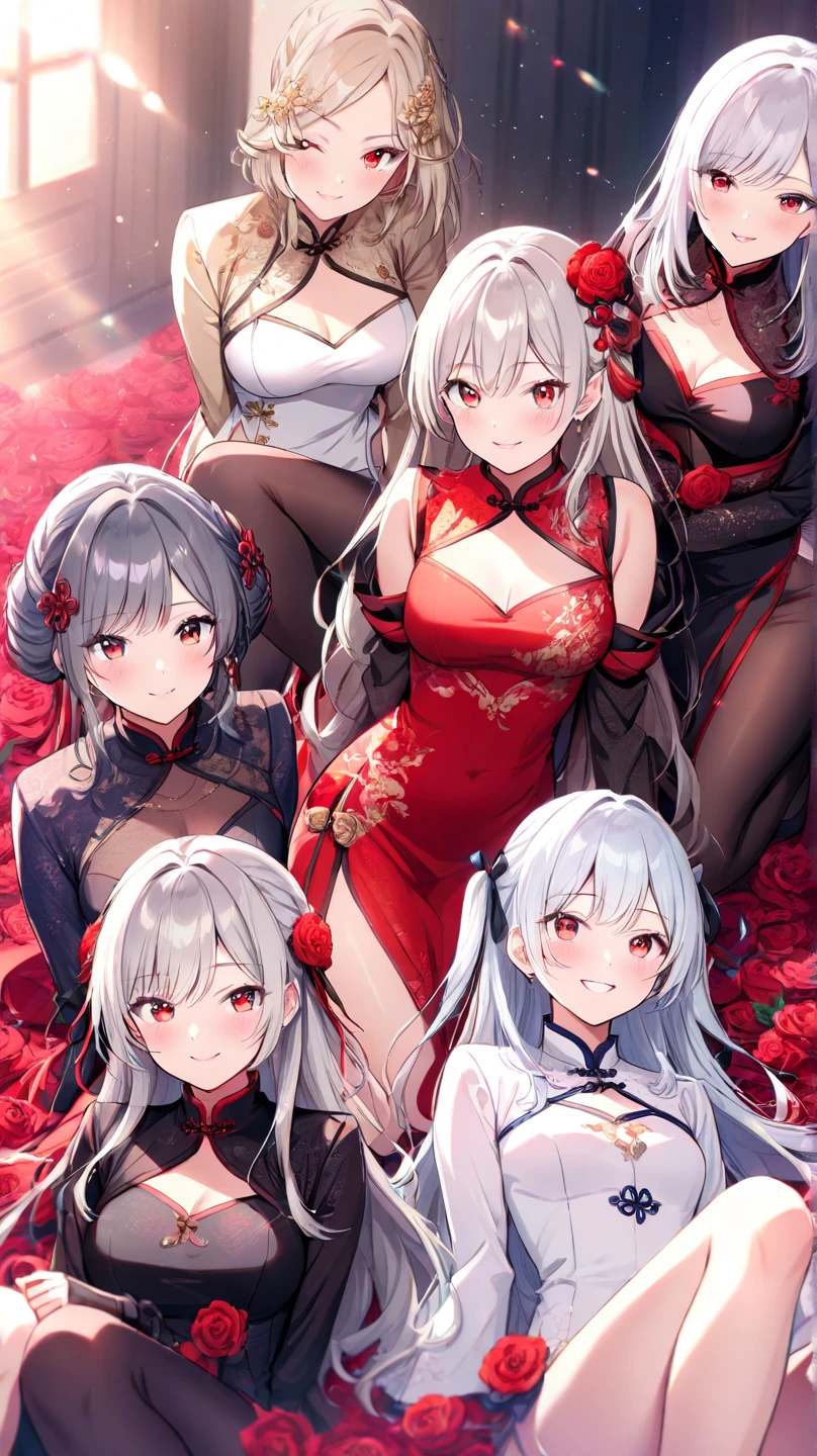 Masterpiece, Best quality, Gold and red theme, Suzaku fairy, Delicate messy gray hair, Big eyes,Naked breasts,Avenue evolution,mistic,Chinese style,Squeeze into crowded classrooms,debilitated,(Crowded classrooms:2),Little sister,(Breastfeeding for two children:2),pervert smirk