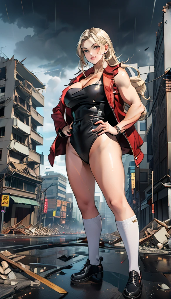 (masterpiece, best quality), (from below), 1 girl, perfect body, big breasts, woman, Ganguro, SPANDEX bikini top, jacket, SILK mini skirt, SPANDEX panties, necklace, Bracelets, straight ponytails, Posture crouching, city streets, Harajuku, late night