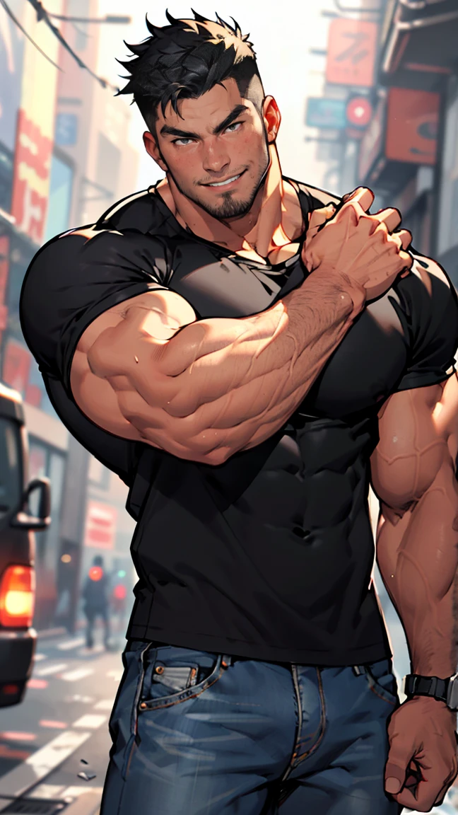 In the heart of Tokyo, under the soft glow of a lamp post during the quiet night, a man with short hair and a toned physique stands, showcasing his beard and baseball cap. His muscles flex as he removes his shirt, revealing a hairy body, forearms and shorts revealing muscular and hairy legsr (1.3). With a candid pose, he looks directly into the camera with a confident front view, captured in the best quality, high-resolution, ultra-detailed masterpiece.