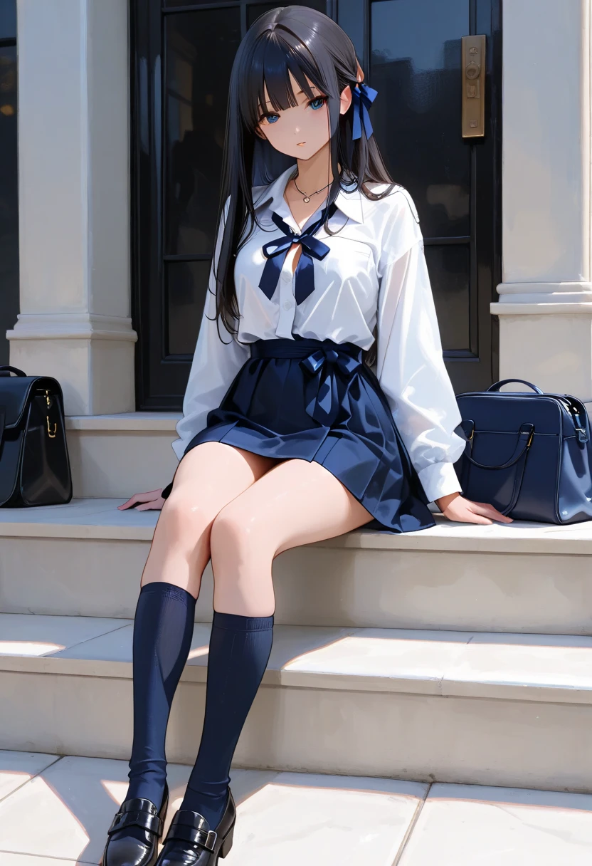 ulzzang -6500-v1.1, (Raw photo:1.2), (Photorealsitic), (See-through:1.3), (Real:1.4), Upper class woman sitting on beautiful park lawn with purse and handbag, Sitting, game_nffsw, Wearing an ultra-thin silk blouse over ?????、Wearing ((Sukesuke Silk Blouse:1.3)), jaw-dropping beauty、 thighhighs and skirt, (Wear ultra-realistic pantyhose)、elegant japanese woman, Ultra-thin white shirt and gray skirt, transparent gray skirts, Japanese Models, Wearing a blouse, japanese city street fashion, japanese street fashion, dressed with long fluent clothes, dressed with fluent clothes, very pretty model, Wearing a white blouse, Cute elegant pose、A smile、 Raw photo, (in 8K、top-quality、masterpiece:1.2)、(intricate detailes:1.4)、(Photorealsitic:1.4)、octane renderings、Complex 3D rendering ultra detail, Studio Soft Light, Rim Lights, vibrant detail, super detailing, realistic skin textures, Detail Face, Beautiful detail eyes, Very detailed CG Unity 16k wallpaper, make - up, (detailedbackground:1.2), Realistic skin feeling、shinny skin、Exposed thighs!!!、