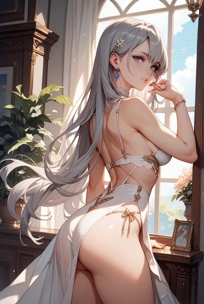 (top-quality、tmasterpiece:1.2)，s girl，Long gray hair、Smooth skin、Smooth legs、Busty body，laced lingerie，Moon，Visible on the back，Butt visible，Dog crawling kneeling position，