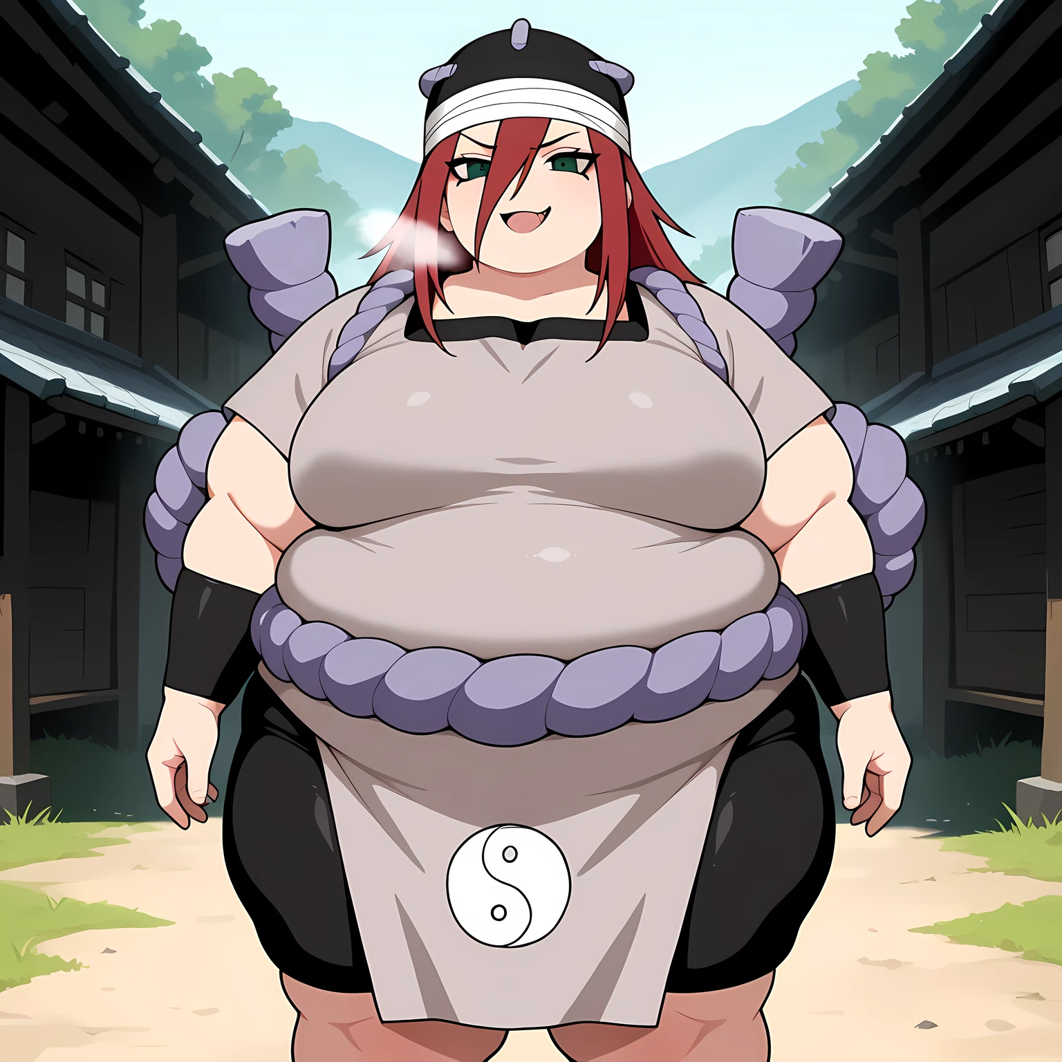 masterpiece, best quality, crsdrrm, red hair, long bangs, hair between eyes, long hair, black eyeliner, brown eyes, black hat, bandaged head, grey tunic, shimenawa, bracer, bike shorts, short sleeves, hat ornament, yin yang print, 1girl, solo, outdoors, standing, village, looking at viewer, arms at sides, smug, fat, chubby, obese, gigantic arms and legs, large breasts open mouth, out of breath
