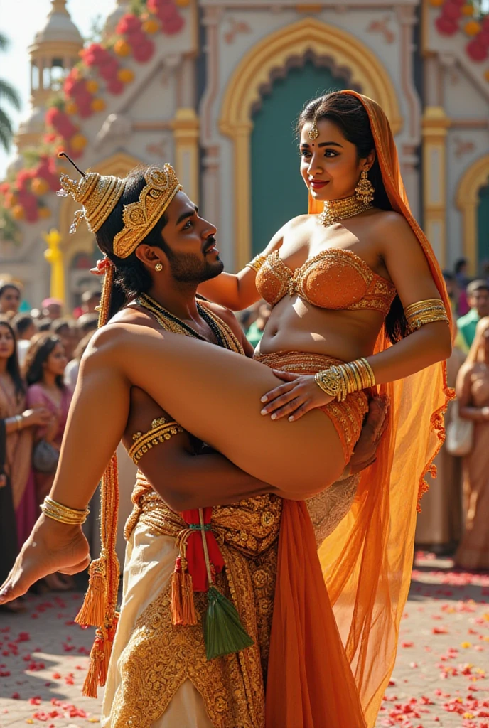 Sunny Leone having with average Indian man on stage at a carnival, she is wearing sexy indian clothes, NSFW, kissing, people touching her body