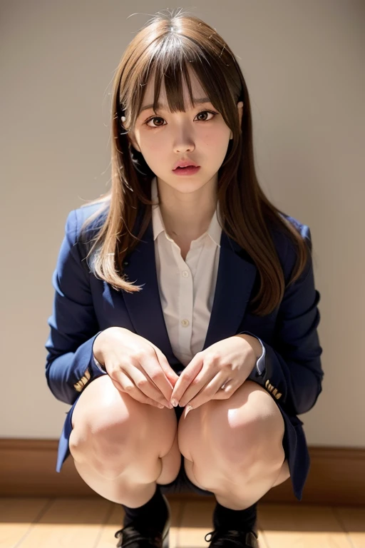 8k, Highest quality, The real picture, Intricate details, Very detailed, Ultra-high resolution, Depth Field,(Realistic), (Realistic:1.2), (whole body:1.3), (Crying face:1.1), (tears:1.1), (Lament:1.1), Sit on a chair, One of the Japan, (Small eyes:1.3), Very beautiful girl, (Beautiful breasts:1.5, Very detailed目:1.2), (Beautiful breasts:1.1), (Small breasts:1.2), (Wavy Hair)、(Curly Hair)、bangs, Perfect Skin, Fair skin,( Big Hips:1.1), (Thick thighs:1.1), (Thick legs:1.1), Tight waist, Small face, alone, (Knees together), (Place your hands between your legs), Looking at the audience, (School_uniform),(Dark Blue Blazer), (White shirt、Wear a tie), (Grey pleated skirt), (Sculptural installation :1.1), Abstain from class,Perfect body、(((1 female)))、(((Beautiful and accurate five fingers)))
