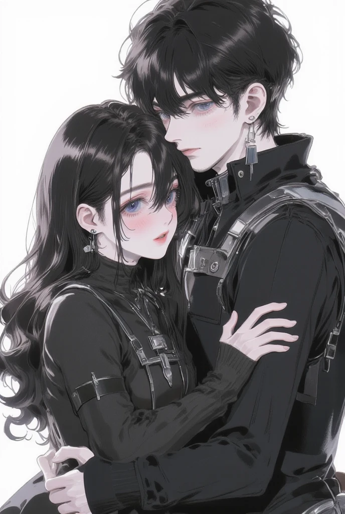 Draw a couple hugging each other, Black haired female character, male character with black hair. dark colors, male character who is a bit cold looking down at female character, Female character wants to avoid dodging.