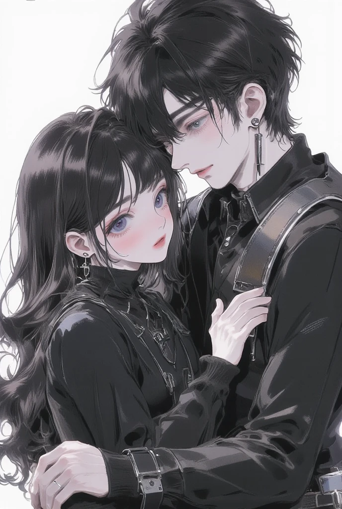 Draw a couple hugging each other, Black haired female character, male character with black hair. dark colors, male character who is a bit cold looking down at female character, Female character wants to avoid dodging.