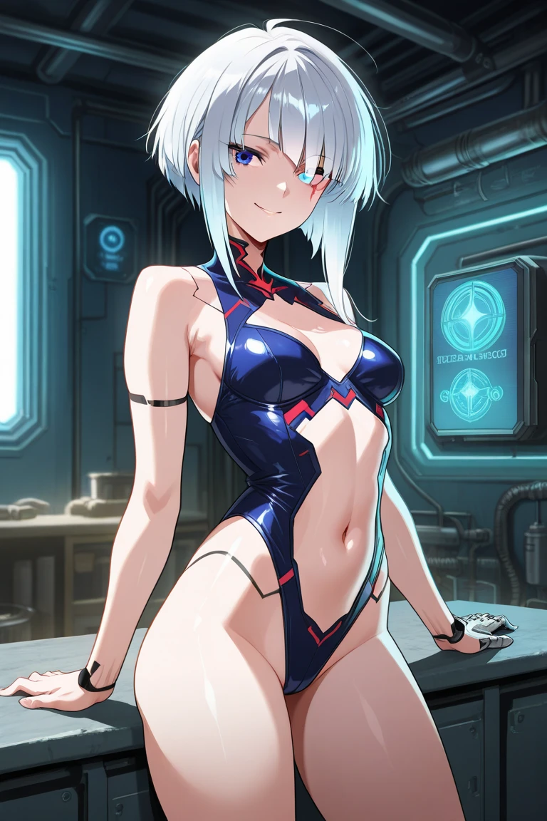 1girl, solo, The best masterpieces, (ultra-quality:1.32), (The ultra -The high-definition:1.4), (超A high resolution: 1.3),  HDR, studio lighting, vivid colors, physically-based rendering, silver short hair, blue eyes, Tsurime, scornful grin, separated lips, beat the viewer, wrestler, thick thighs,