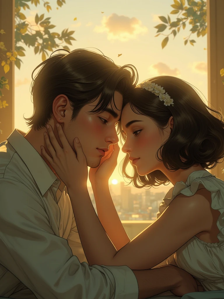 cinematic, (obra-prima), (melhor qualidade), (ultradetalhado), very aesthetic, illustration, realistic illustration, perfect composition, intrincado details, absurdidades, rosto detalhado, (anime, obra-prima, intrincado:1.3), (melhor qualidade, high-resolution textures, Alto detalhe:1.2), (4k),(incredibly detailed:1.4),olhos detalhados, sombra realista,
Um casal bonito ((homem e mulher)), por do sol,homem e mulher, bem vestidos, Romantic scene, Are women lying on the gray mat (with their heads on the man's ), mulher de vestido ((com manga)) longo, man with pants and collar blouse( social in white and beige), Both are barefoot, (close face) woman touching a man's face (((large image of the environment)))