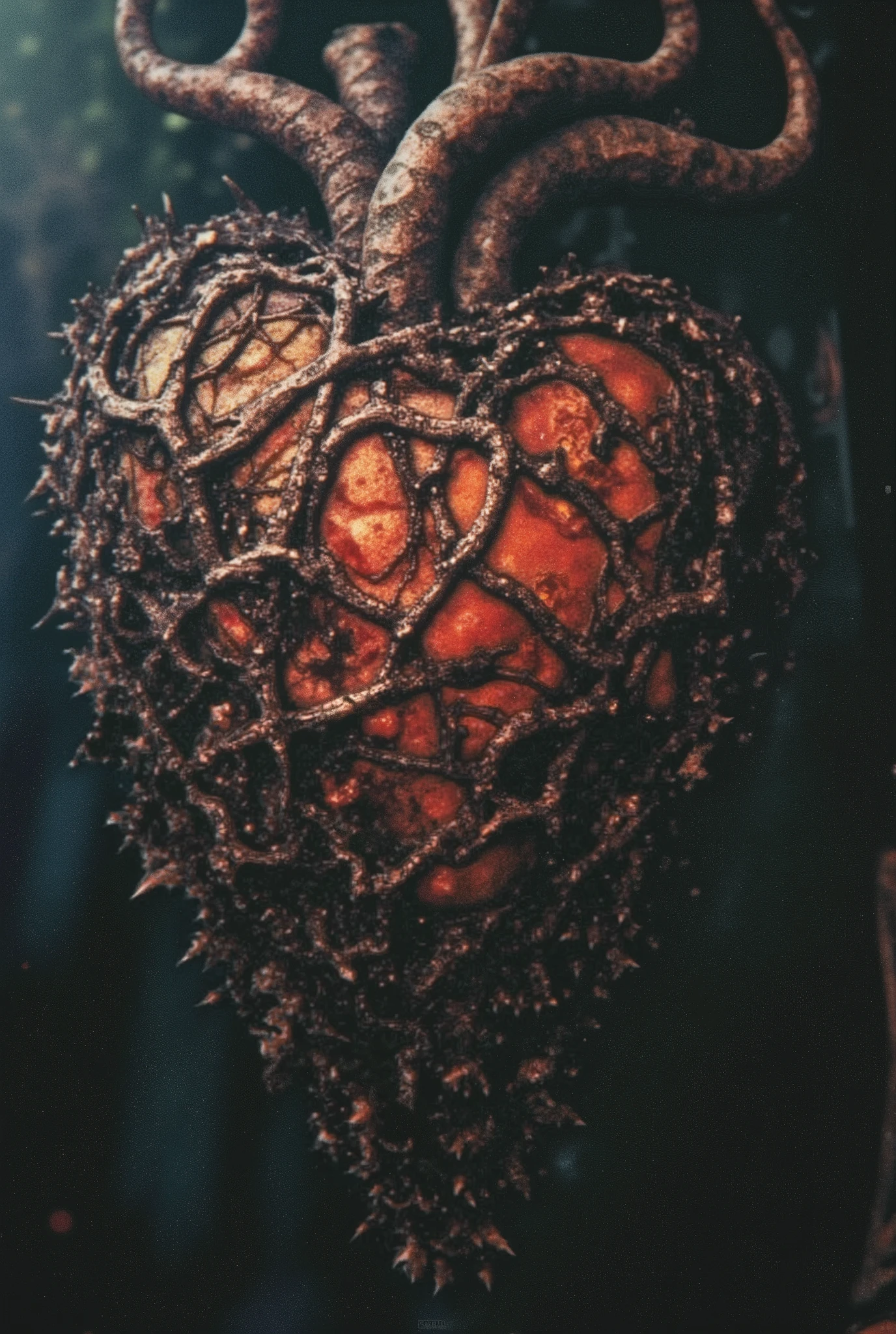 A close-up of the Heart Of Thorns, estilo jim burns punk