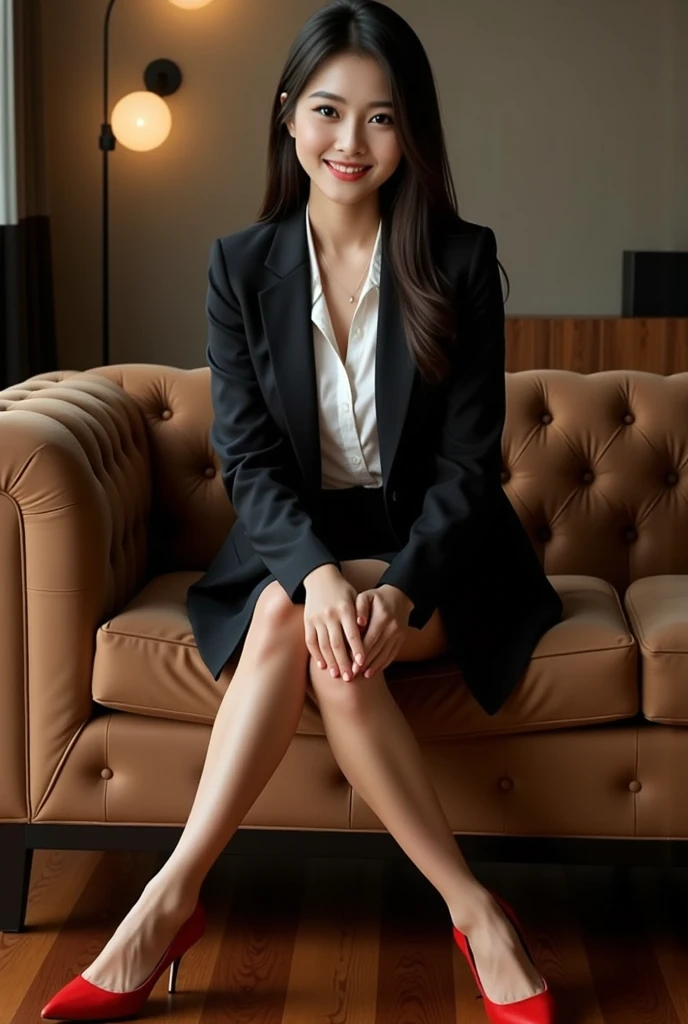 whole body, Highest quality, Realistic, Very detailed, finely, High resolution, 8k wallpaper, One beautiful woman,, Light brown messy hair, Wear a business suit, Sharp focus, Perfect dynamic composition, Beautiful and exquisite, Thinning hair, Detailed Realistic skin texture, smile, Close-up portrait, Model Body Type、Long and beautiful legs, Muscular, Beautiful feet、Beautiful legs、Super mini tight skirt、thin black pantyhose、I can see the toes of her high heels、Perfect Style、Sit on a chair、View from below、Healthy Thighs、tight ankles、