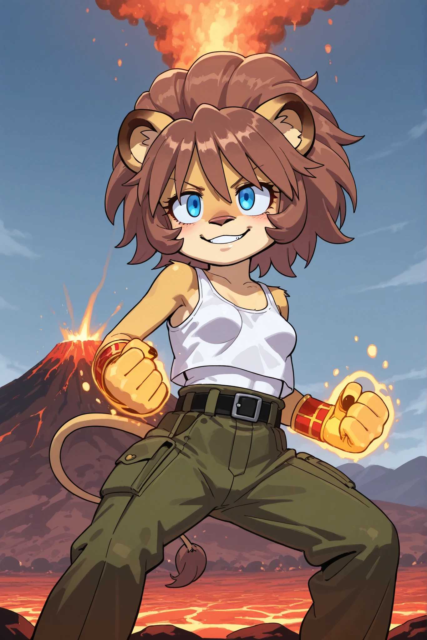 Score_9, Score_8_up, Score_7_up, 1, alone, masterpiece, top quality, amazing quality, very aesthetic, absurd, furry font, ((lion girl)) Mobian, brown hair, blue eyes, smile, small breasts, ((white tank top, military pants, magma magic, military training,)), on a volcano on a paradise island, martial arts training, "furry girl", alone, Mobian, ((girl))