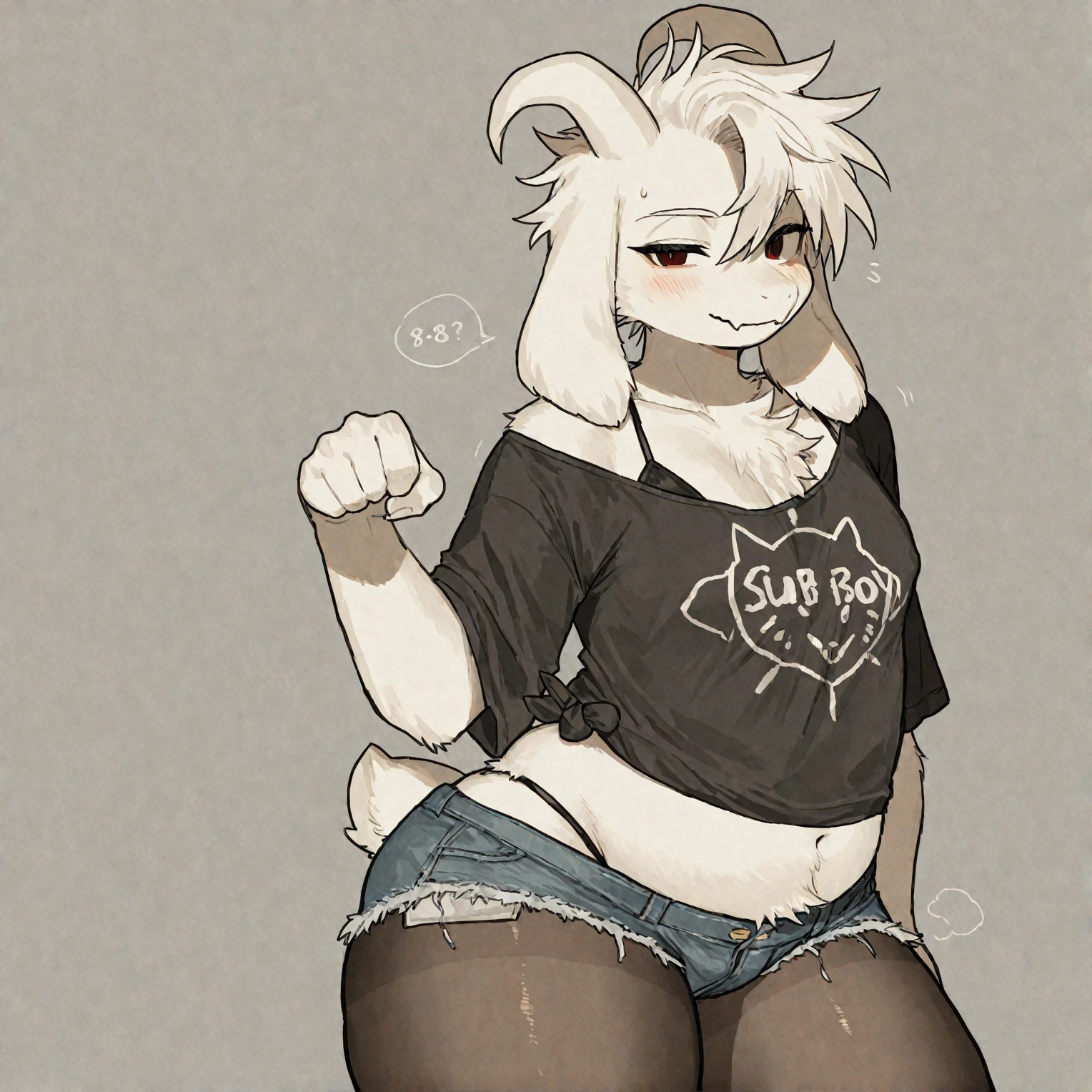 furry cow, pequeno furry(anthro cow), and cute, short white hair with black tips, blue colored eyes, god of eyes, detailed artwork, extremely detailed artwork, white and fluffy skin, white skin with black spots, extremely high detailed skin, black and white silk gloves, short black shirt with heart, belly sample, furry belly, hair on thighs, black short shorts, detailed thighs, cute thighs, cow's tail, sitting on legs, black and white silk socks, collar with bell around the neck, groin sample, cute pose, cute smile, detailed groin, Cute pose